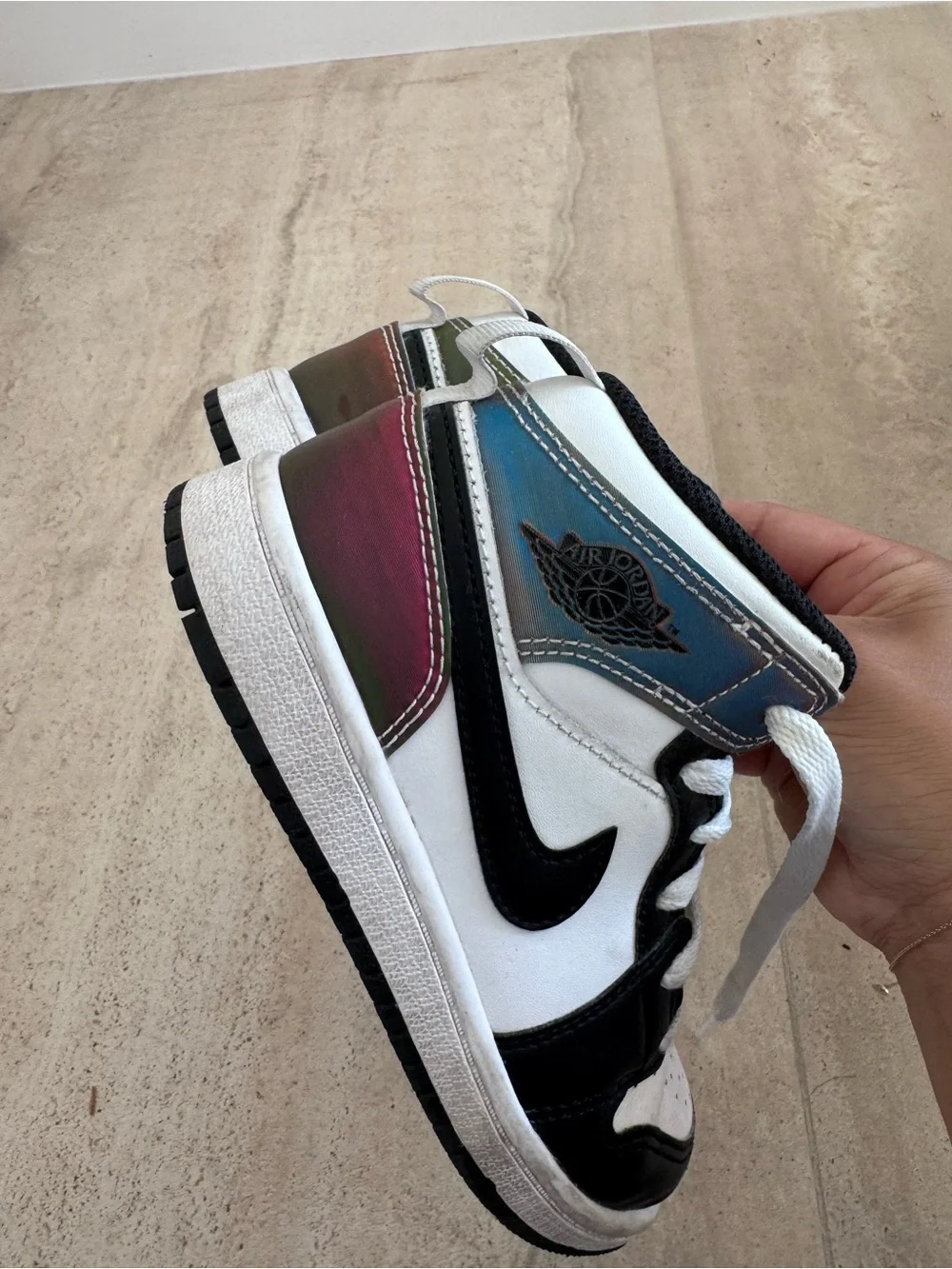 Air Jordan 1 mid. Black and white with Reflective iridescent heel panel. Size 13